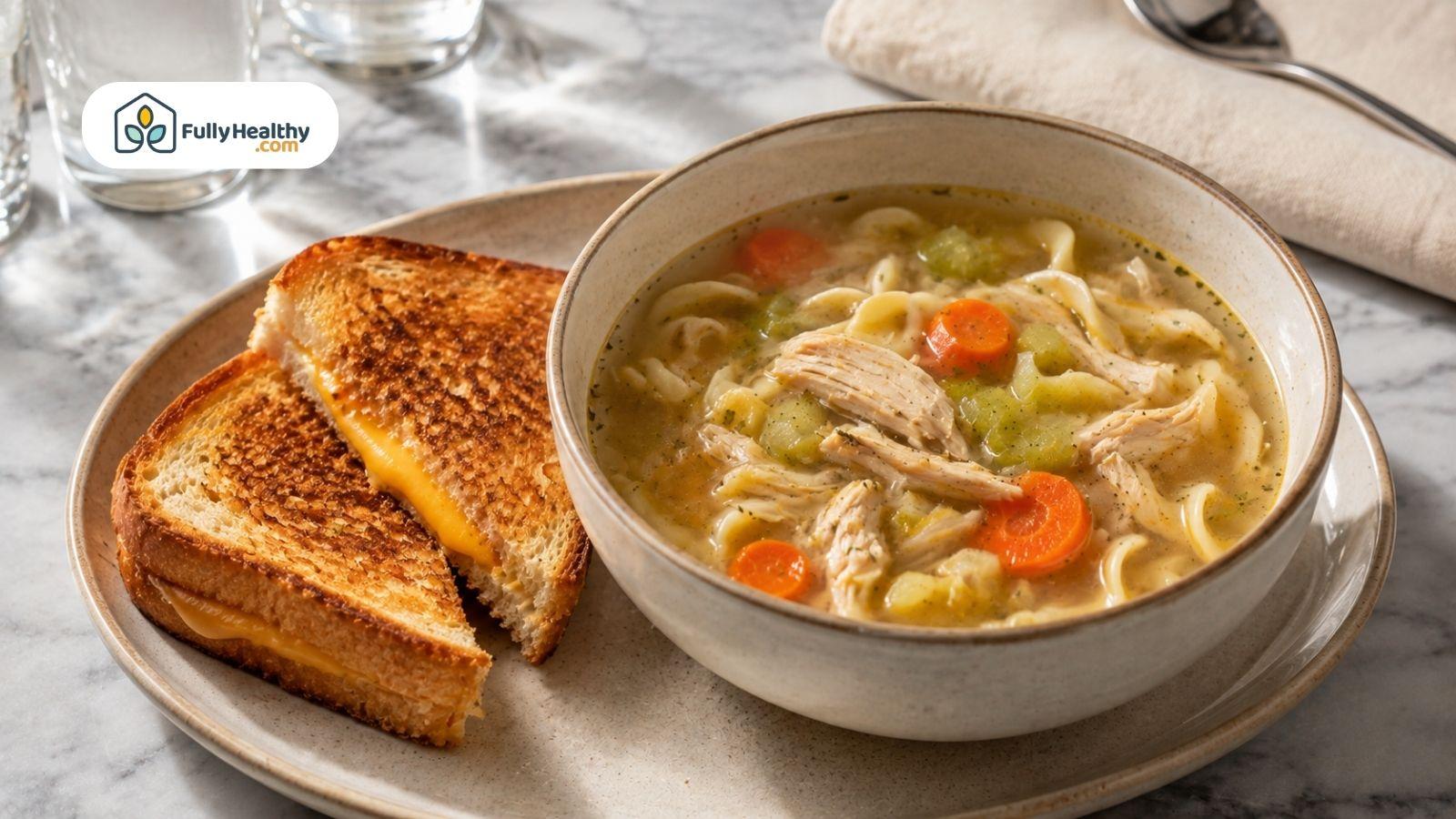 Chicken noodle soup paired with crispy grilled cheese sandwich slices.