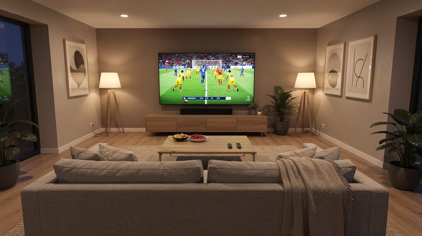 The image depicts a cozy living room featuring a large flat screen TV, which is currently showcasing a vibrant sports broadcast, perfect for sports fans enjoying live TV channels. The inviting atmosphere suggests a great spot for streaming services and premium entertainment.