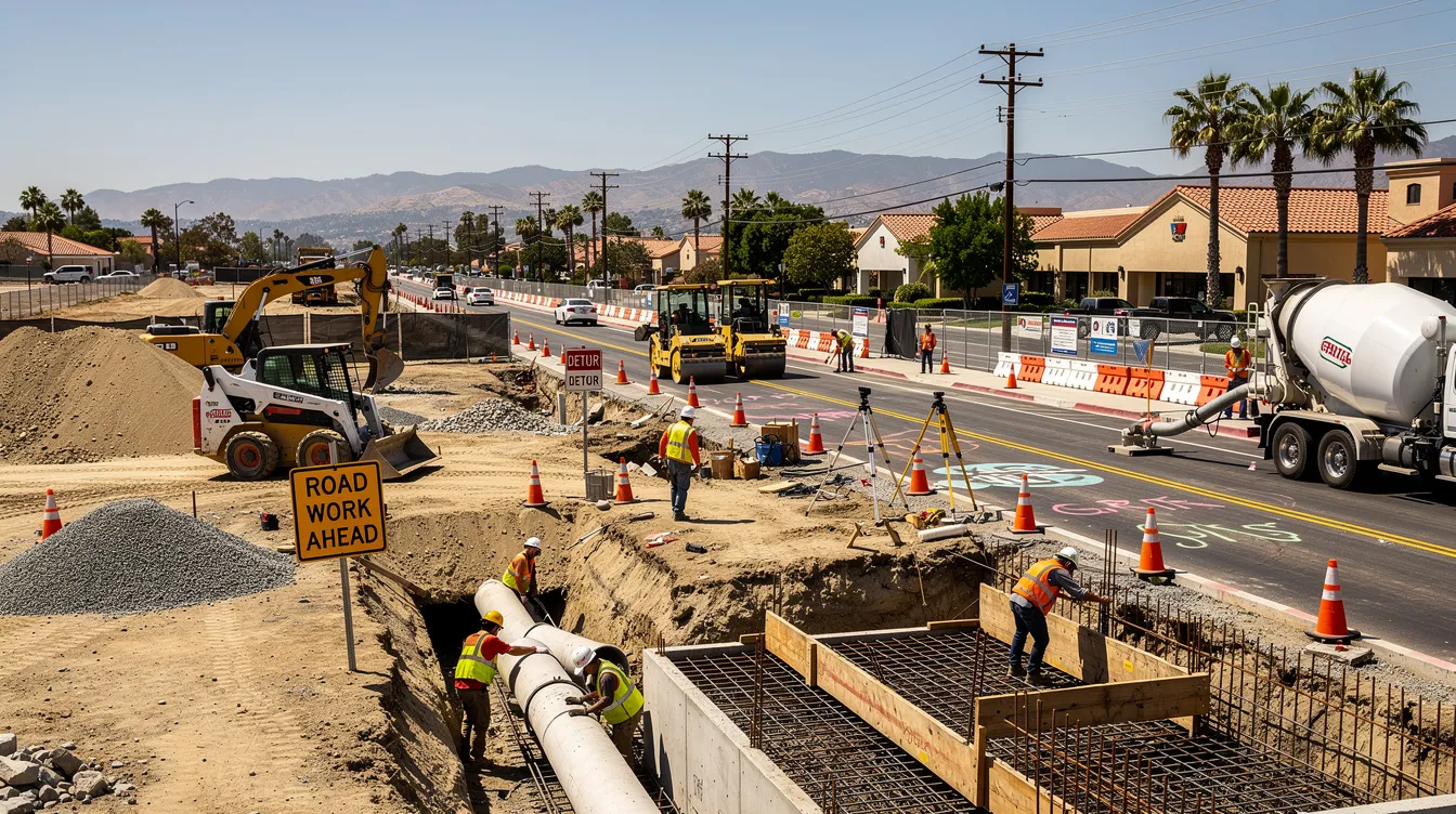 The image depicts a bustling public works construction site in Southern California, featuring heavy machinery and multiple crews engaged in various infrastructure tasks. Various contractors and subcontractors are actively working, illustrating the dynamics of private construction projects and public construction projects in the region.