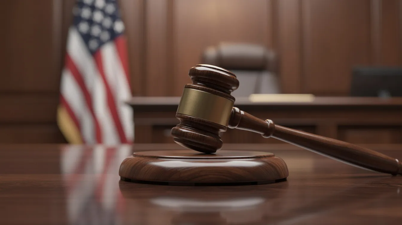 The image shows a gavel resting on a polished wooden desk in a courtroom, with an American flag prominently displayed in the background. This setting symbolizes the formal legal environment where issues such as temporary injunctions and business litigation are addressed to prevent irreparable harm and ensure justice.