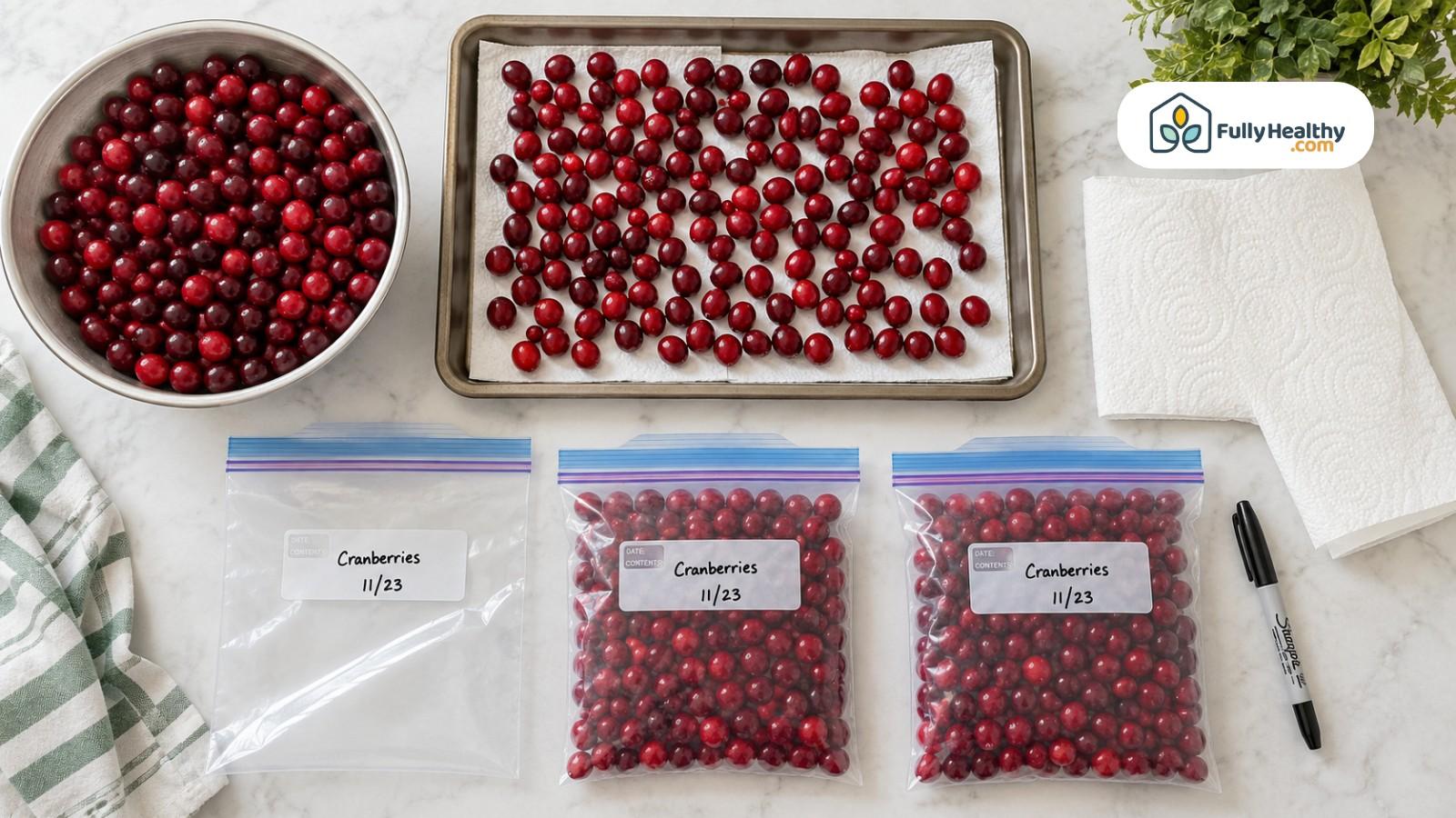Fresh cranberries prepared for freezing with bags, baking sheet, paper towels, and marker