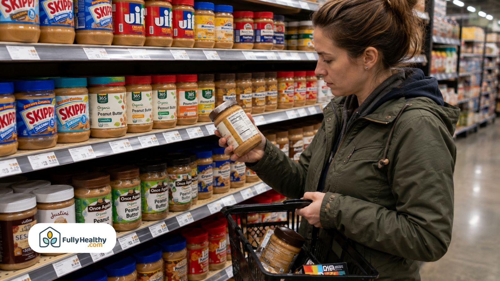 Shopper comparing peanut butter jars while reading nutrition label in supermarket aisle