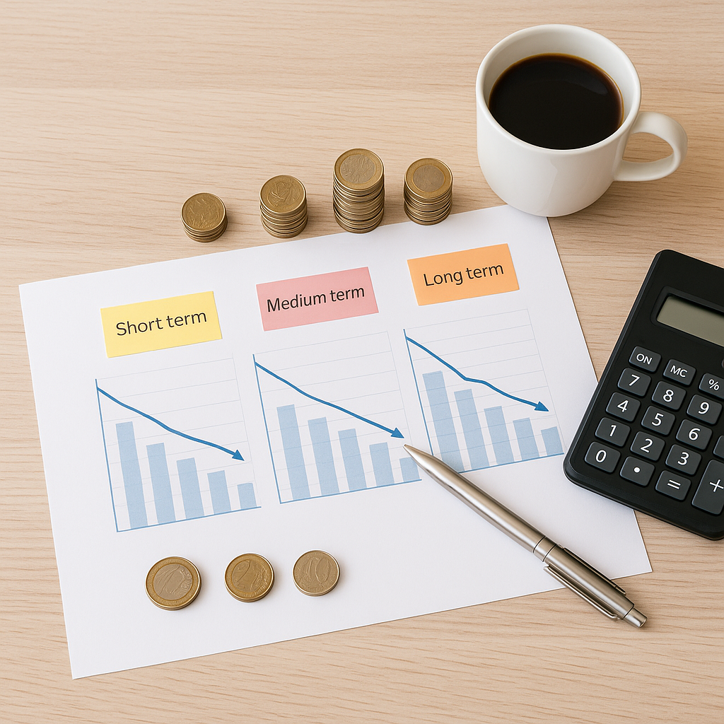 Bird’s-eye view of bar charts labeled short, medium, and long term with coin stacks, pen, and calculator illustrating cost management and cost anomalies detection.