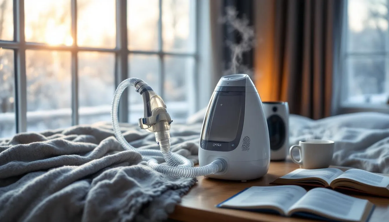 CPAP humidifier and equipment in a winter setting.