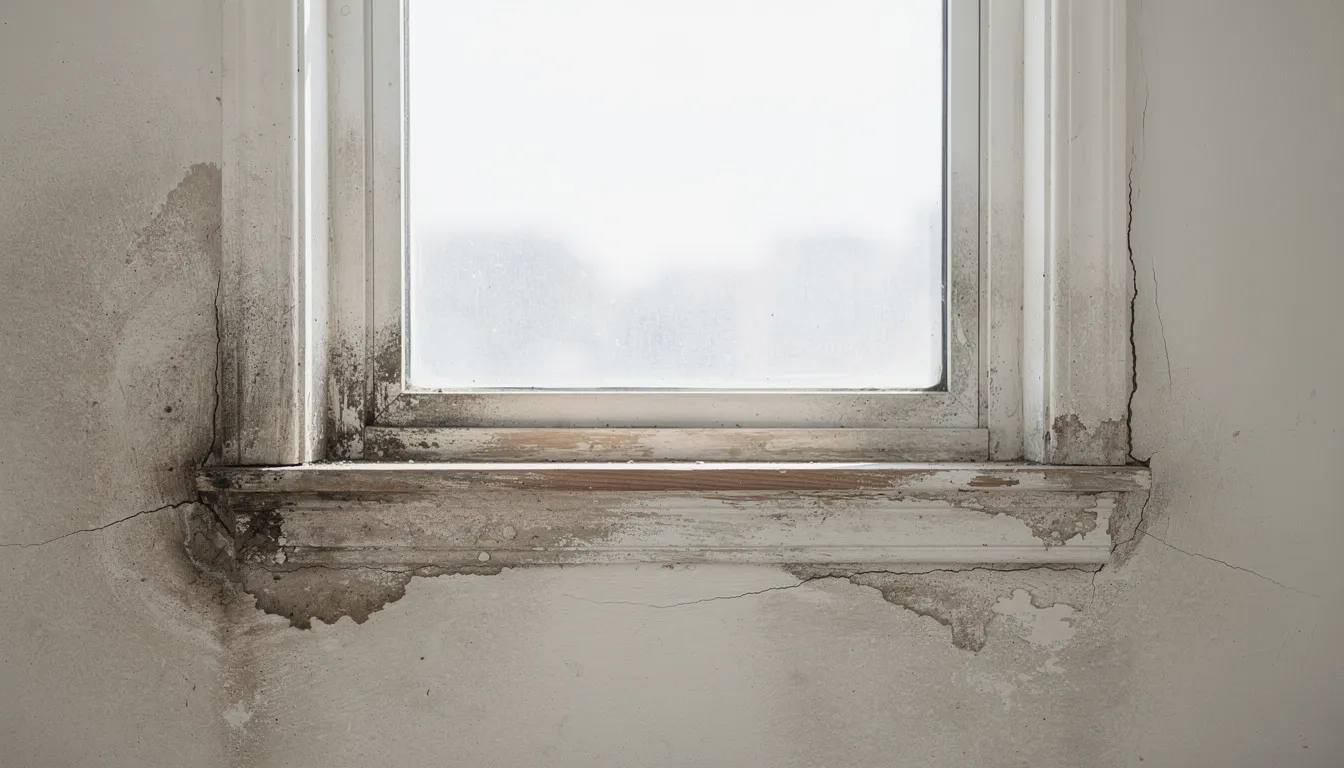 The image depicts visible moisture damage and dark discoloration around a window frame, indicating signs of water infiltration that can lead to mold growth. This damp area may pose health risks, particularly for individuals with weakened immune systems or mold allergies.