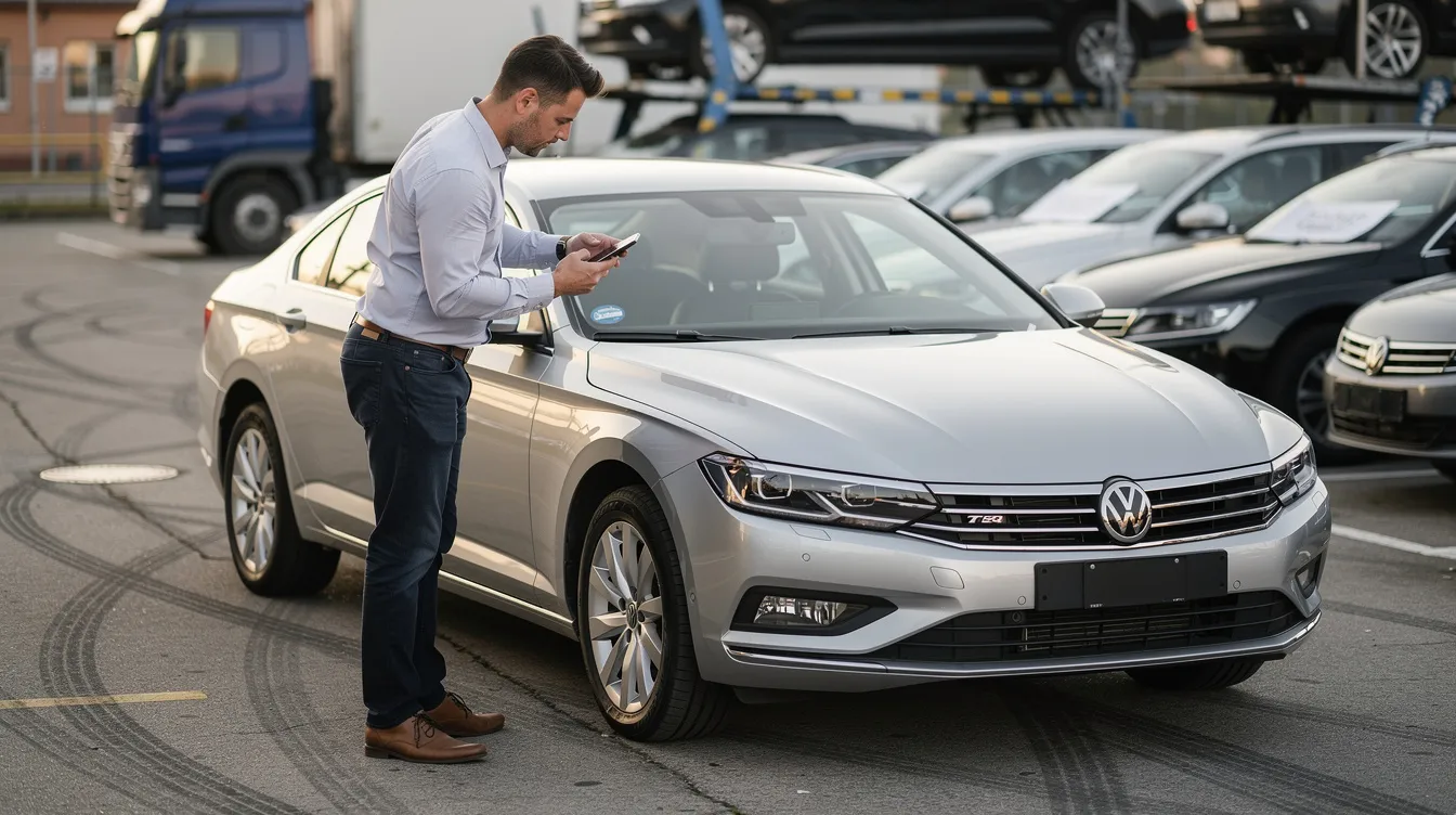 A person is inspecting the exterior of a car and taking detailed photos, likely as part of the car transport process before its shipment. This careful examination is essential for ensuring that the vehicle is documented properly for auto transport services, reflecting its condition prior to transport.