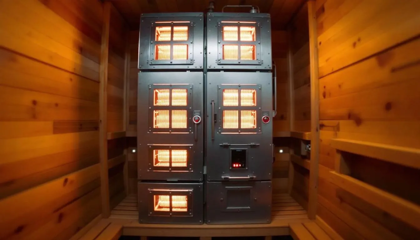 A sauna heater that is too large for the sauna room, illustrating incorrect sauna heater size.