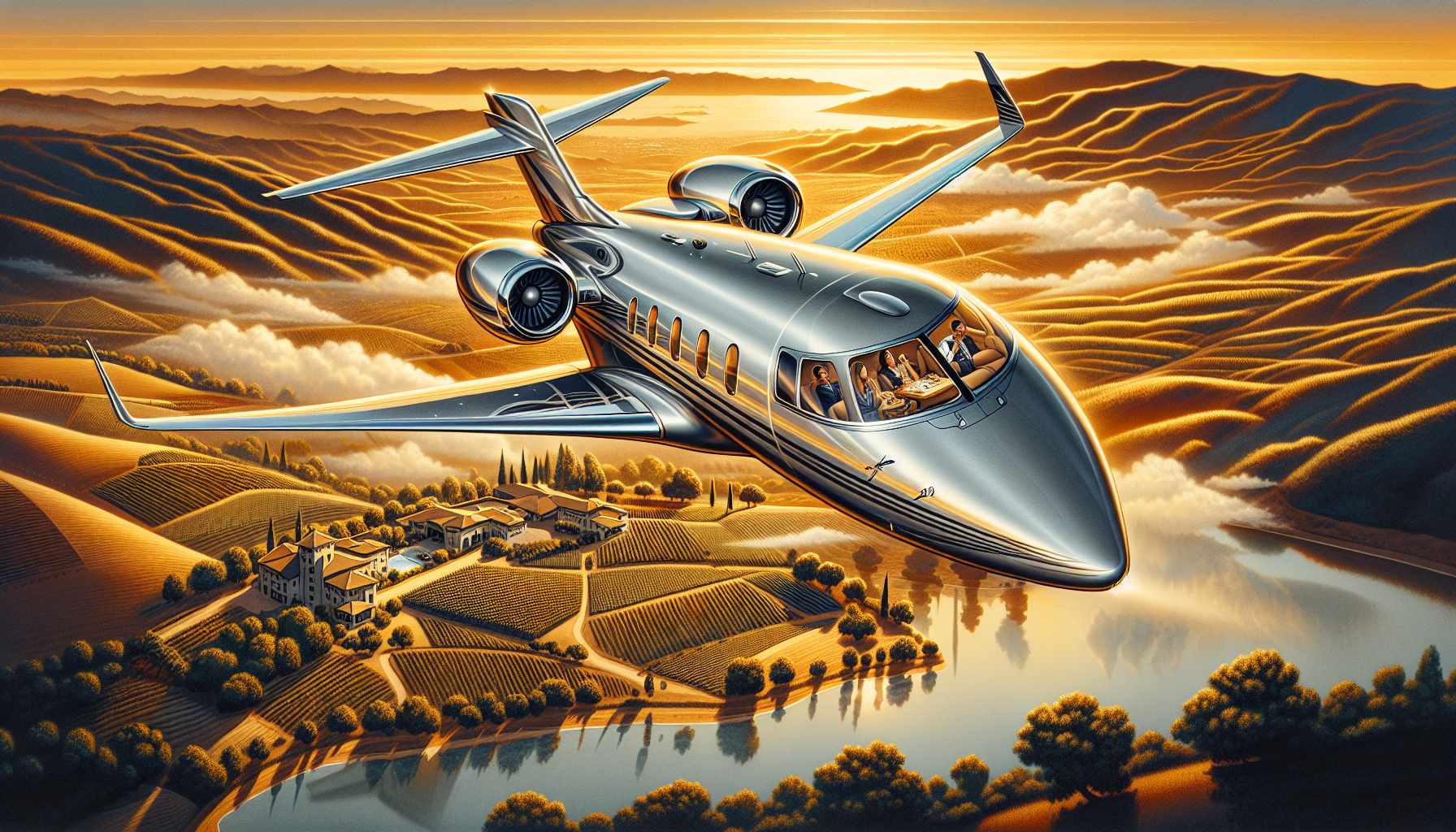 A luxurious private jet flying over Santa Rosa, California