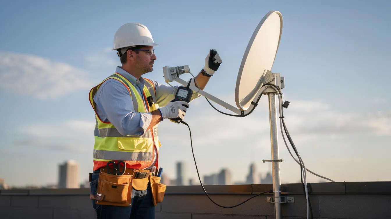 A technician is focused on using a signal meter to fine-tune a satellite dish installation, ensuring optimal reception for DSTV systems. This professional service highlights the skills of accredited DSTV installers, essential for providing reliable entertainment solutions in Eerste River.