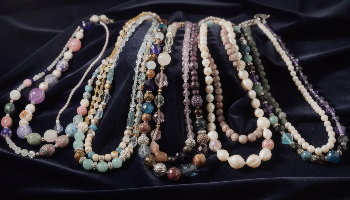 A beautiful collection of various beaded necklaces is elegantly displayed on soft velvet fabric, showcasing a range of colors and styles that highlight their unique beauty. This exquisite assortment invites you to explore and discover the perfect necklace for any occasion.