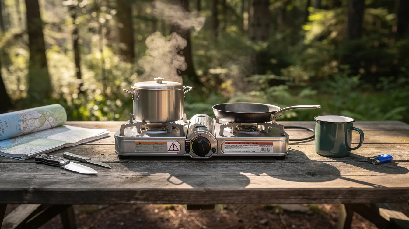 A compact two-burner camping stove is set up on a wooden picnic table at a forest campsite, ready for outdoor cooking. The stove features adjustable burners and is designed for easy transport and storage, making it ideal for camping trips.