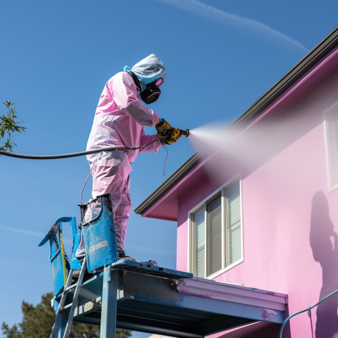 A person painting a gutter with a paint sprayer
