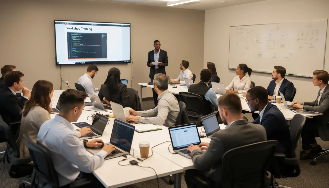 A diverse group of professionals is engaged in hands-on cybersecurity training with laptops in a classroom setting, focusing on developing the necessary skills to address cyber threats and close the talent gap in the cybersecurity workforce. They are collaborating to learn about new technologies and practices essential for protecting sensitive data and preparing for cybersecurity careers.