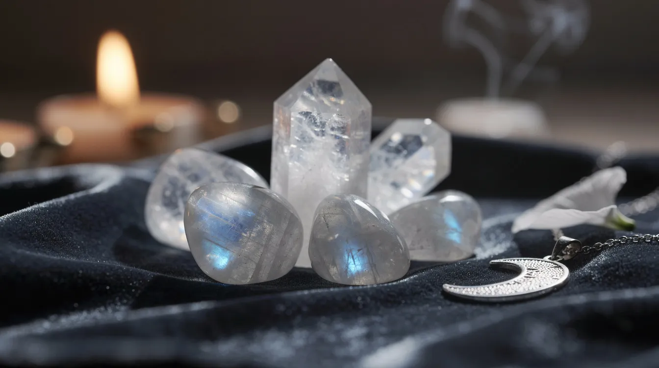 The image showcases a collection of moonstone crystals, each exhibiting a mesmerizing glow and shimmering light play known as adularescence. These rare gemstones are celebrated for their beauty and believed healing power, making them a perfect addition for those seeking emotional balance and spiritual guidance.
