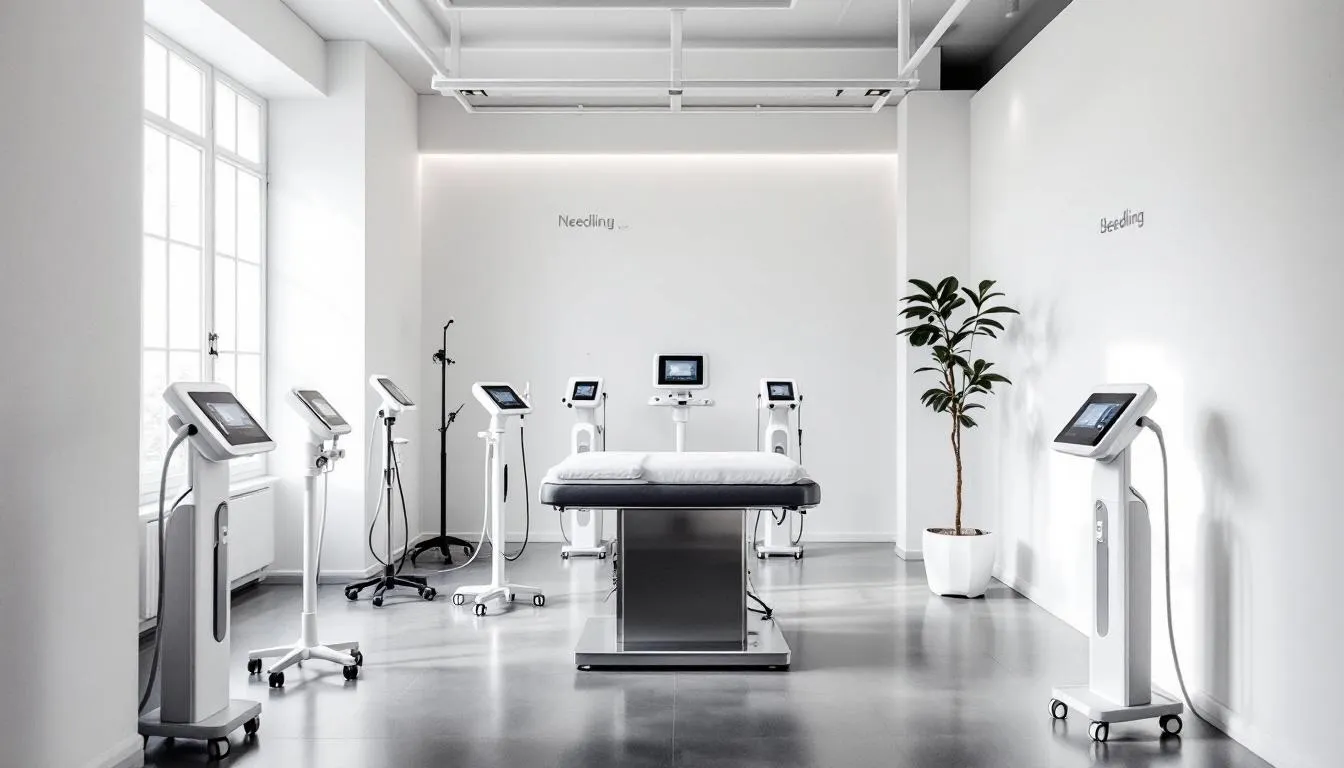 In einem professionellen Kosmetikstudio ist modernste Needling-Ausrüstung zu sehen, darunter ein Dermapen und ein Needling Pen, die für die Behandlung von Hautproblemen wie Narben und Falten eingesetzt werden. Die Geräte sind darauf ausgelegt, durch Mikroverletzungen die Neubildung von Kollagen zu stimulieren und die Hautstruktur zu verbessern, während Hyaluronsäure als Wirkstoff für optimale Ergebnisse sorgt.