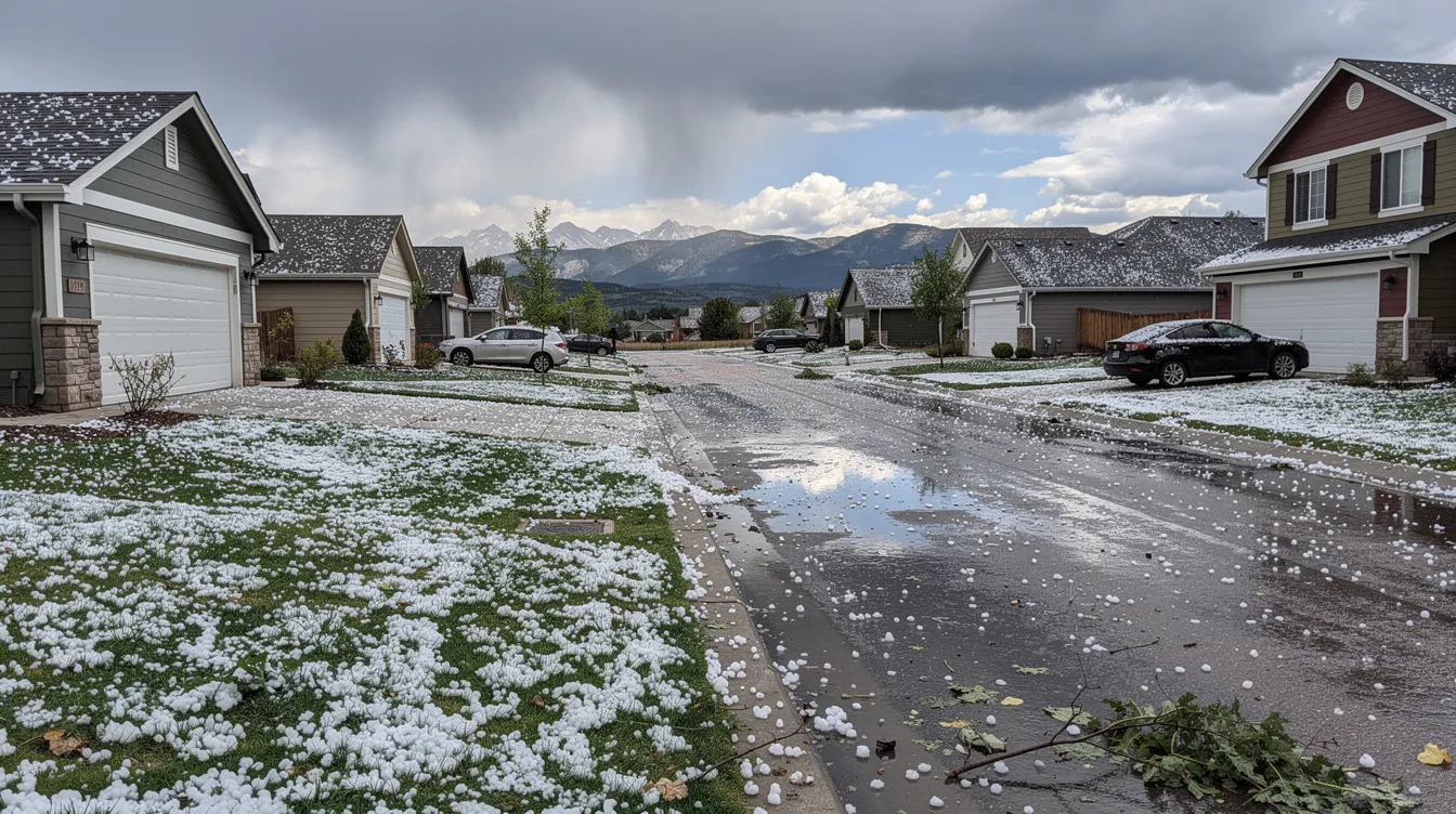 The image depicts a residential street in a Colorado suburb, with lawns and driveways covered in accumulated hail after a summer storm. This scene highlights the impact of hail damage, which may prompt homeowners to seek a free roof inspection or hail damage roof repair in Aurora, CO.