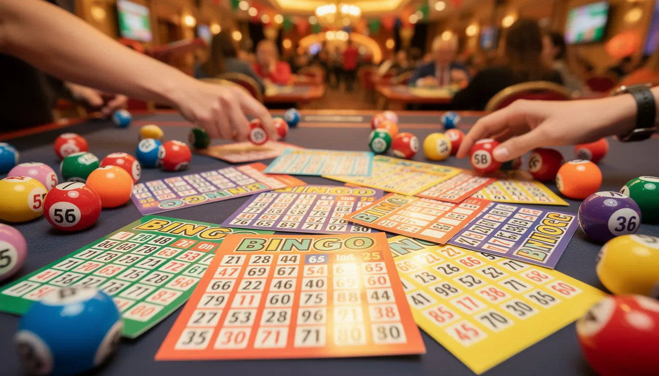 Bingobrickor i olika färger ligger spridda över ett livligt bord, omgivna av glittrande bollar som skapar en festlig atmosfär. Den energiska spelmiljön är perfekt för svenska spelare som vill njuta av exklusiva spel hos Lyckost Casino.