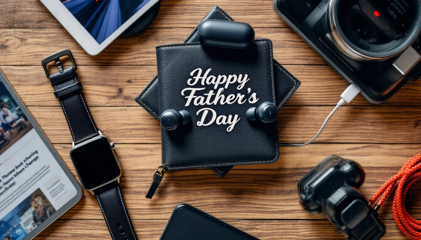 A flat lay featuring trendy tech gifts for dads, including wireless earbuds, a smartwatch, a digital tablet, and a wireless charger, all elegantly arranged with a 'Happy Father’s Day' tag, showcasing the perfect gift for a tech-savvy dad this Father's Day.