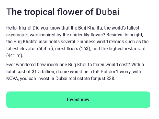 Information about the Burj Khalifa and a CTA button containing the text Invest now.