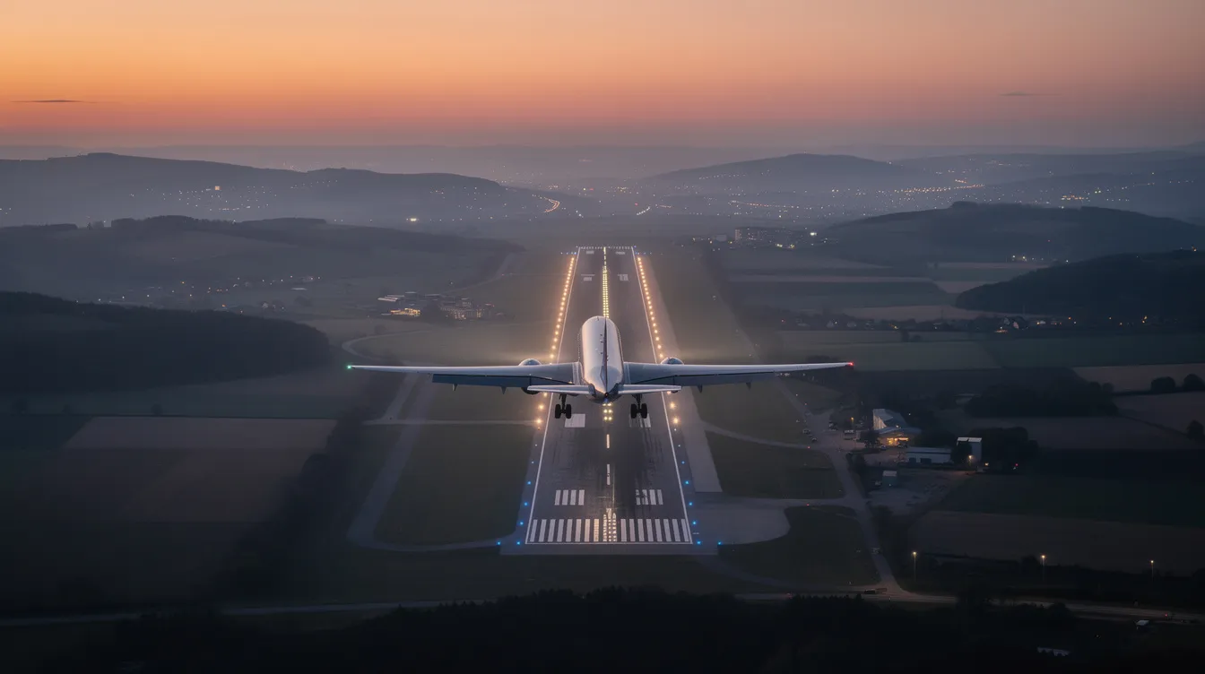 An aerial view at dusk captures an airplane approaching a runway, with hills and varied terrain visible in the background. The scene highlights the aircraft's altitude as it descends towards the ground, showcasing the landscape's elevation and the importance of obstacle clearance during landing.