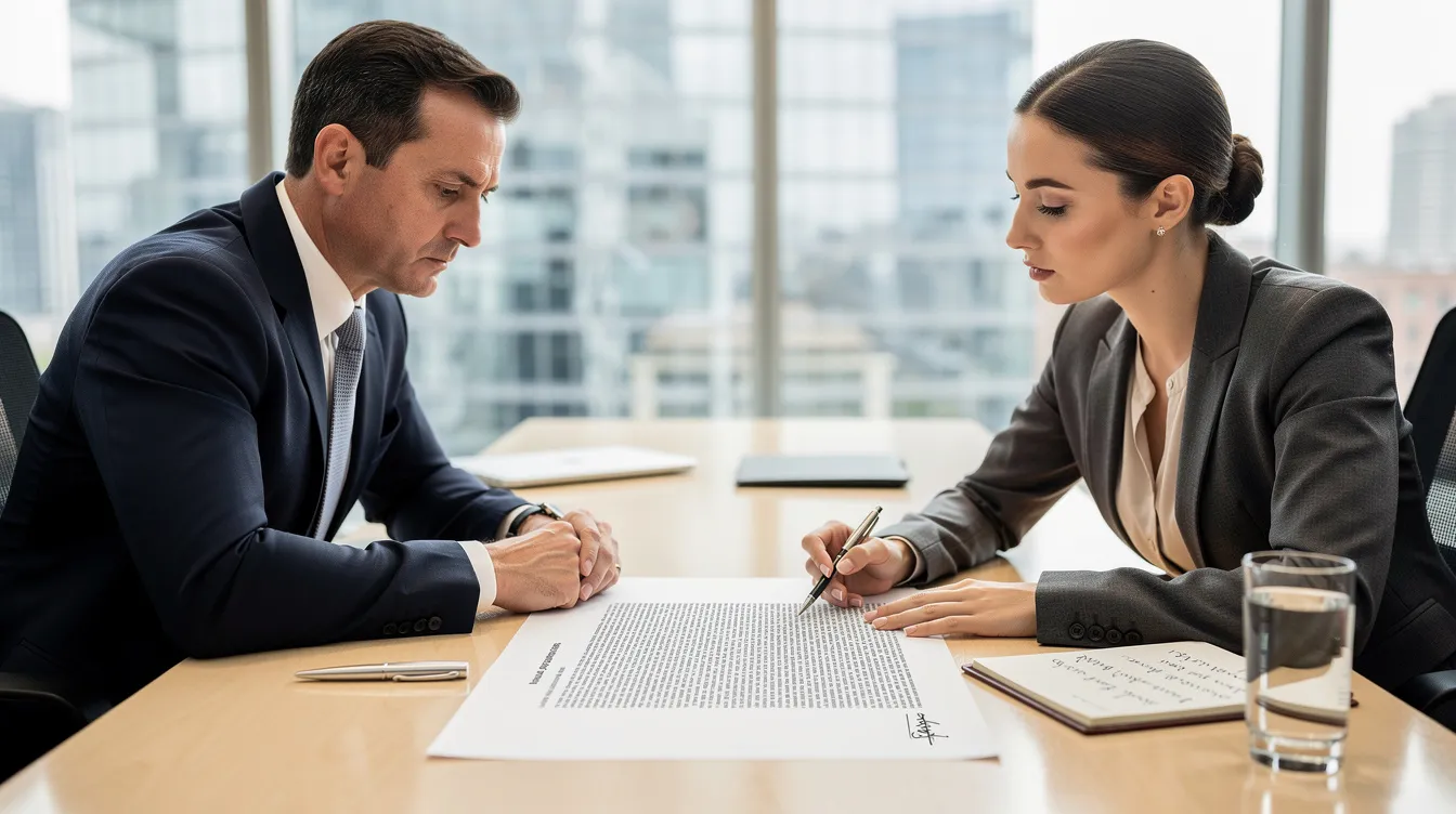The image depicts two business professionals seated at a conference table, intently reviewing a legal contract that likely pertains to a buy sell agreement. They appear to be discussing critical aspects such as ownership interests and payment terms, which are essential for the business's future and protecting the interests of remaining partners.
