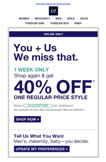 Example re-engagement email - Source: GAP/SmartrMail | TheBloggingBox.com