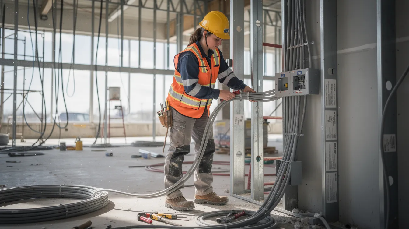 A woman construction worker, wearing a hard hat and a bright safety vest, is focused on installing electrical conduit at a commercial building site, showcasing her skills in the construction industry. This scene highlights the important role of skilled construction workers, particularly women in apprenticeship programs, in addressing the labor shortage and contributing to workforce stability.
