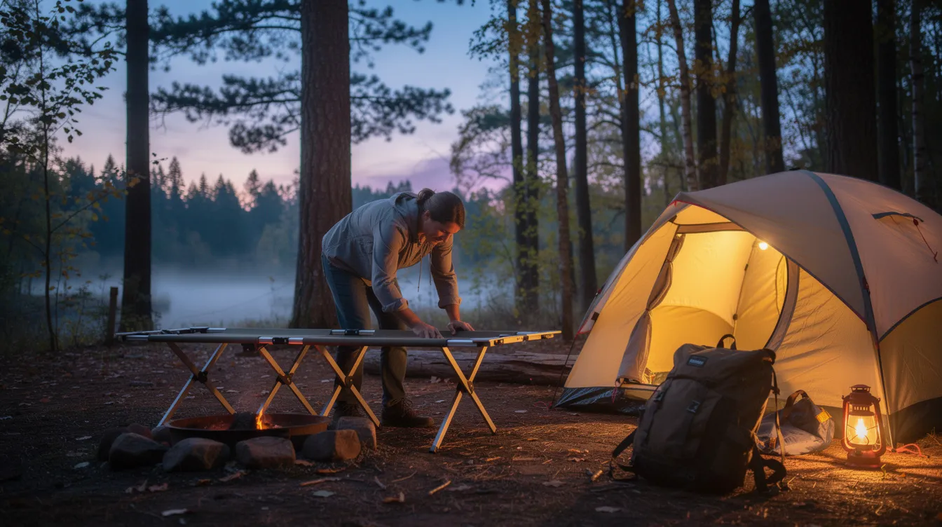 A person is setting up a lightweight camping cot next to a tent in a forested campsite at dusk, preparing for a comfortable night's sleep. The cot features a stable sleeping surface, ideal for outdoor enthusiasts seeking a good night's rest on uneven ground.