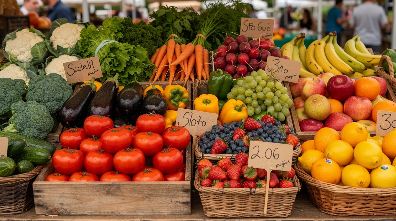 The image showcases a vibrant market stall filled with an array of fresh organic vegetables and fruits, highlighting the growing demand for healthy food options. This colorful display not only attracts customers but also represents potential business ideas in the food sector, appealing to health-conscious consumers and local businesses alike.