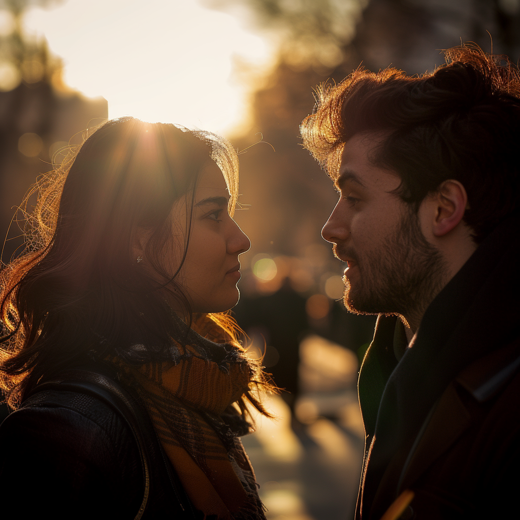 an image of a couple facing each other communicating