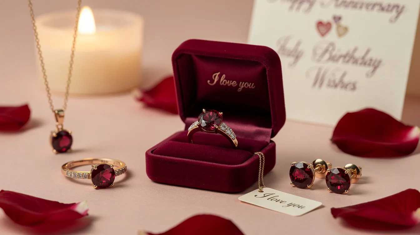 The image showcases exquisite ruby birthstone jewellery, perfect for celebrating loved ones born in July or commemorating special occasions like anniversaries. The vibrant red rubies symbolize passion and enduring love, making these pieces a romantic gift choice for expressing deep emotions.