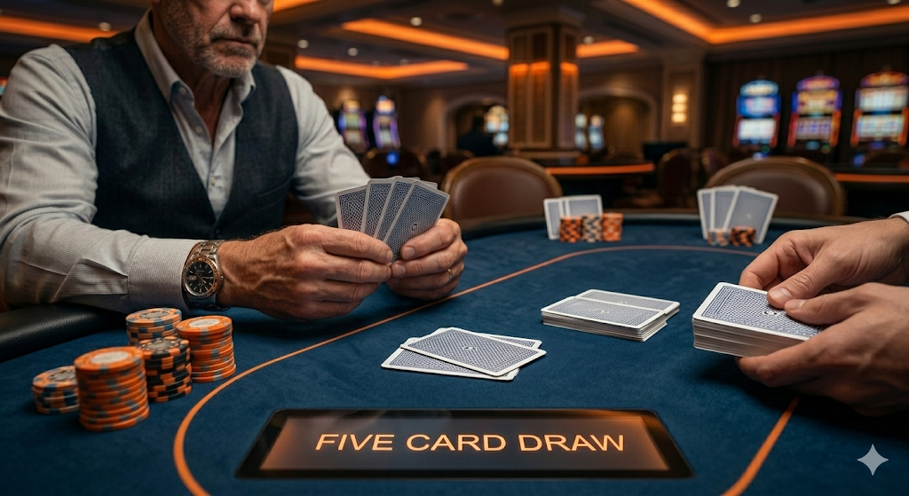 Spelers die Five Card Draw poker spelen aan een pokertafel met fiches en kaarten, een klassieke pokervariant waarbij strategie en het lezen van tegenstanders belangrijk zijn.