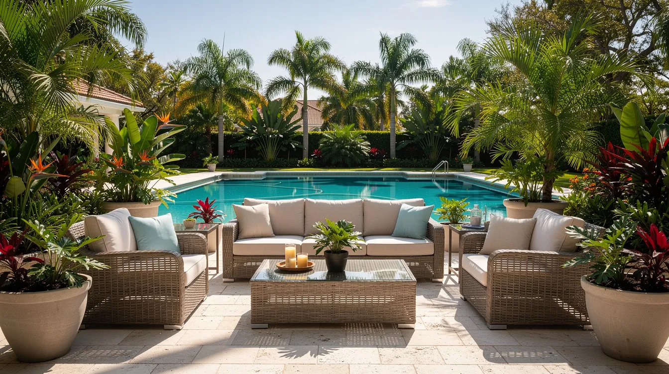 The image depicts a beautifully staged outdoor patio in Florida, featuring modern wicker furniture and lush tropical plants, with a sparkling pool visible in the background. This inviting space is designed to attract potential buyers, showcasing the home’s outdoor living potential in the best possible light.