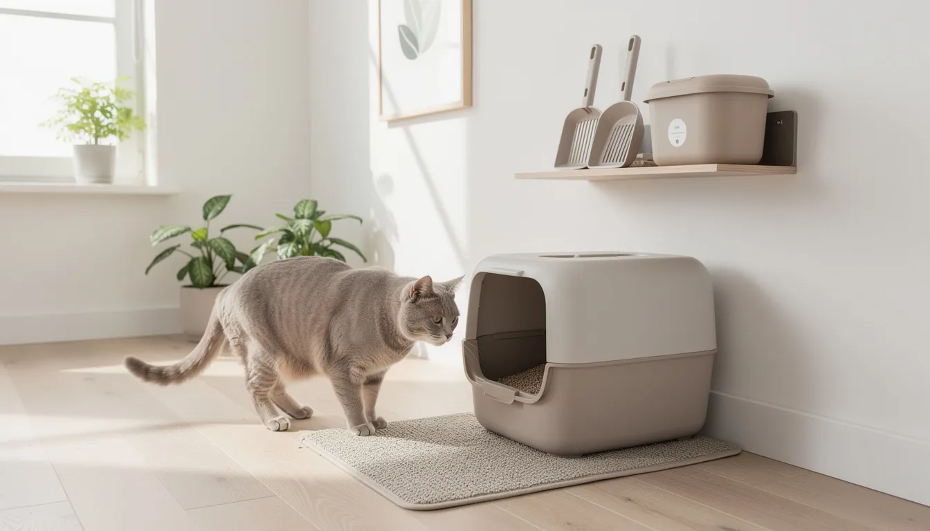The image depicts a clean, modern litter box setup in a tidy home, designed for adult cats, emphasizing a hygienic environment that promotes the health of unvaccinated cats and helps prevent issues like feline parvovirus. The litter box is neatly placed, showcasing a thoughtful arrangement that caters to the well-being of pets.
