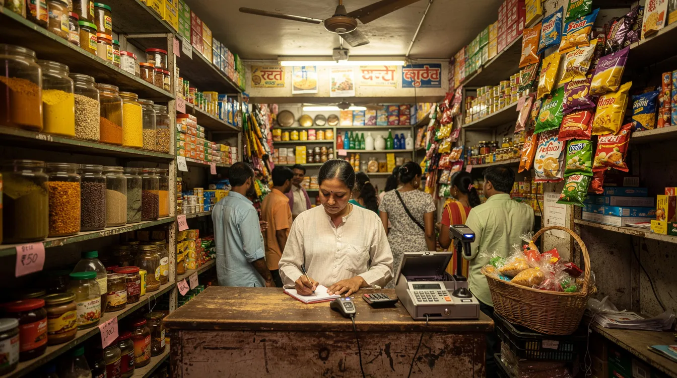 A small business owner is diligently working at a counter in a bustling retail shop in India, surrounded by various products. This scene reflects the entrepreneurial spirit supported by initiatives like the Pradhan Mantri Mudra Yojana, which provides loans to micro enterprises and small businesses.