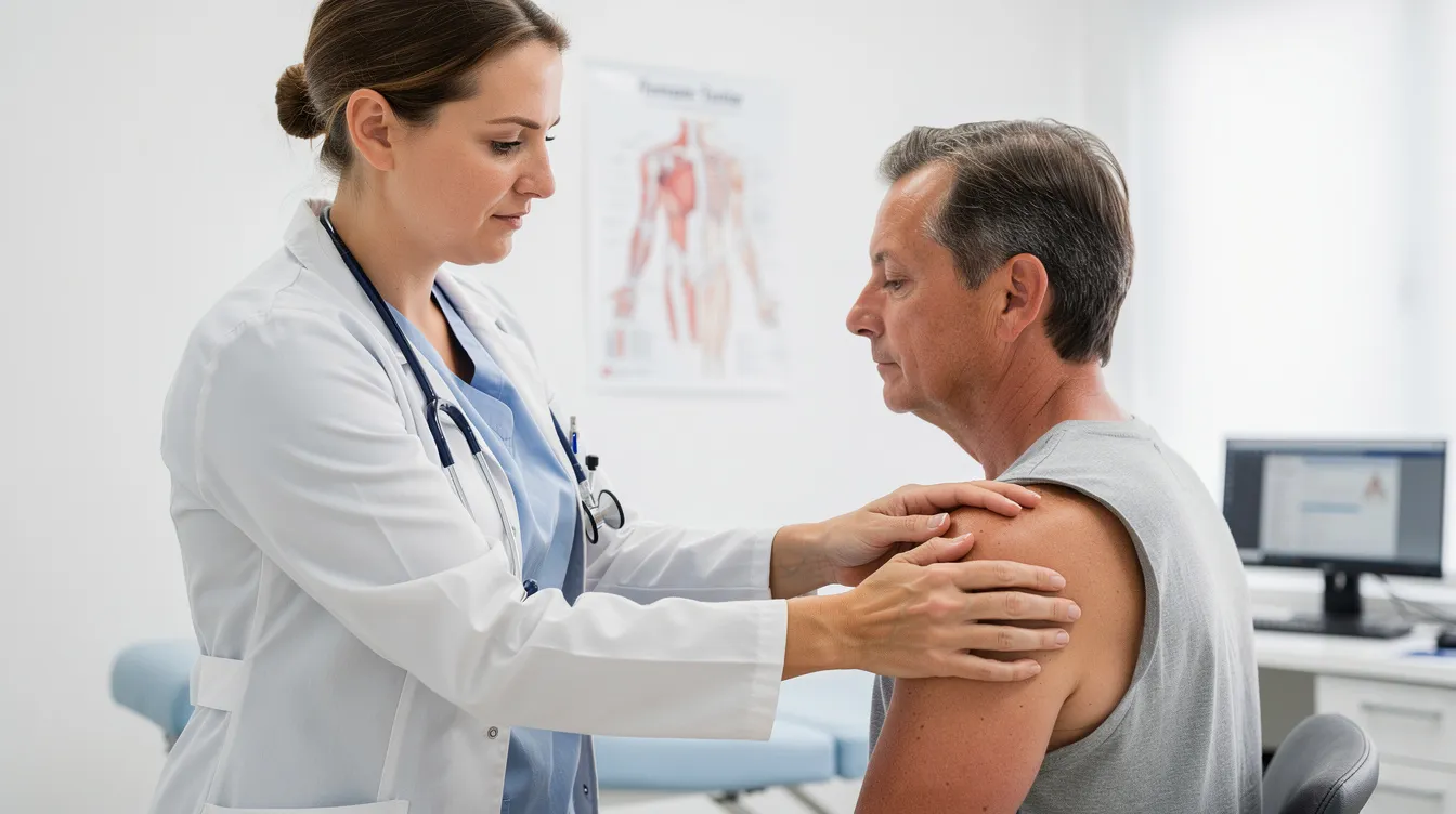 A medical professional is examining a patient's shoulder in a clinic setting, providing necessary medical treatment for a work-related injury. This interaction highlights the importance of receiving workers compensation benefits and ongoing medical care for injured employees.