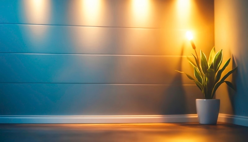 Wall-washing lights creating an even glow on a smooth wall