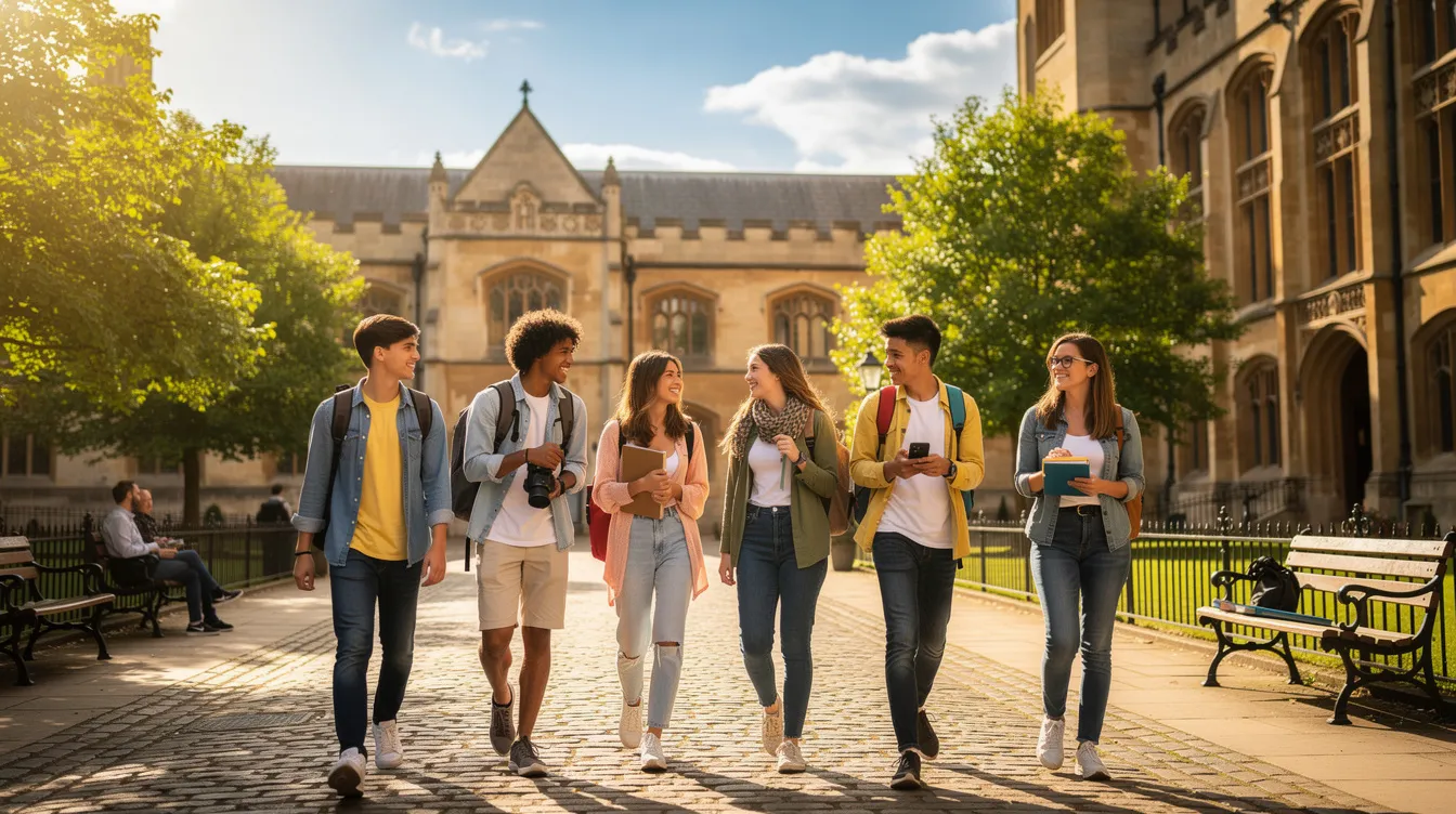 A group of teenage students with backpacks is walking through a vibrant European university campus on a sunny day, enjoying their time together amidst the historic architecture and lush greenery. The scene captures the lively atmosphere of student life, with the sun shining down on their cheerful faces.