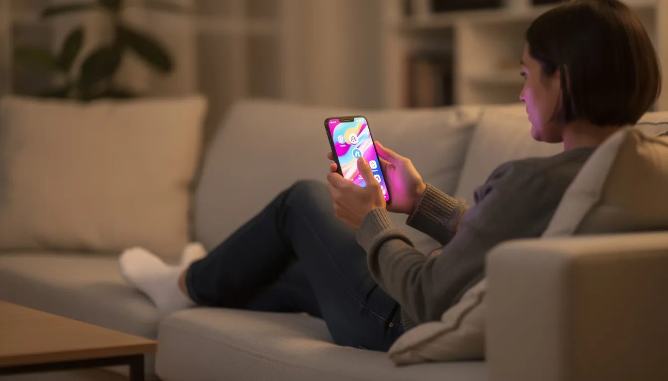 En person sitter bekvämt i en soffa och tittar på sin smartphone, där färgglad grafik från olika casinospel visas. Det verkar som att de är intresserade av att spela slots och ta del av bonusar som free spins utan omsättningskrav.