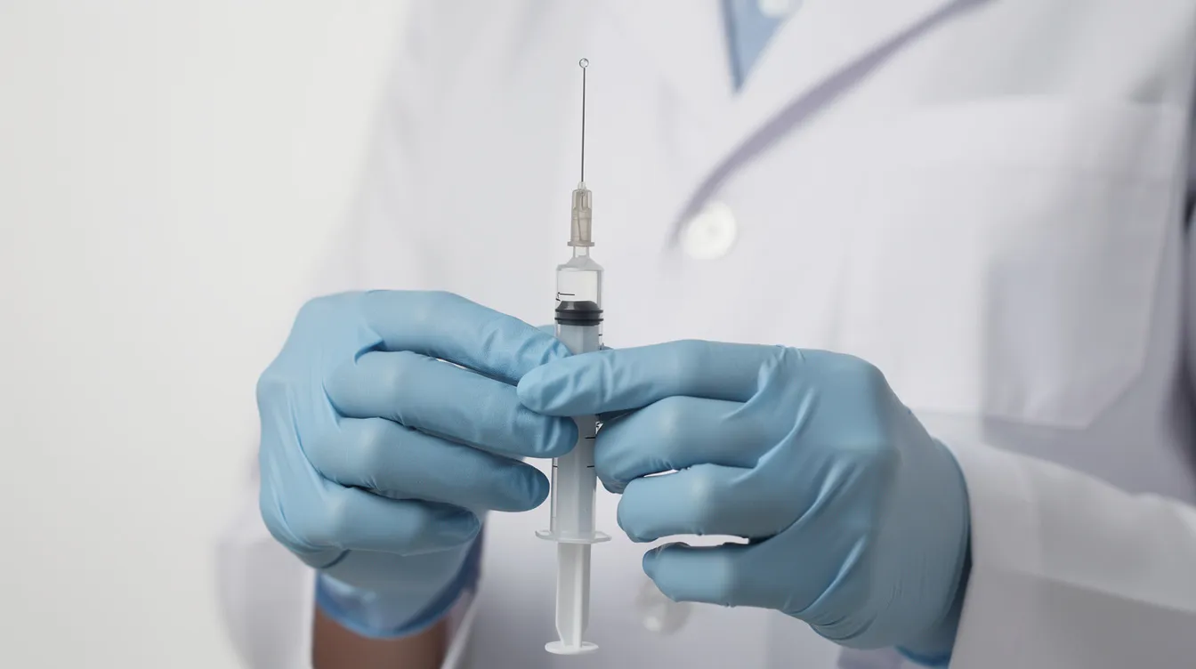 A medical professional is seen preparing a small syringe filled with clear liquid in a clean clinical environment, emphasizing a focus on treatments like botox injections for muscle tension and chronic pain relief in the neck and shoulder area. The sterile setting highlights the importance of proper injection techniques for effective results in addressing issues such as neck pain and problematic shoulder function.