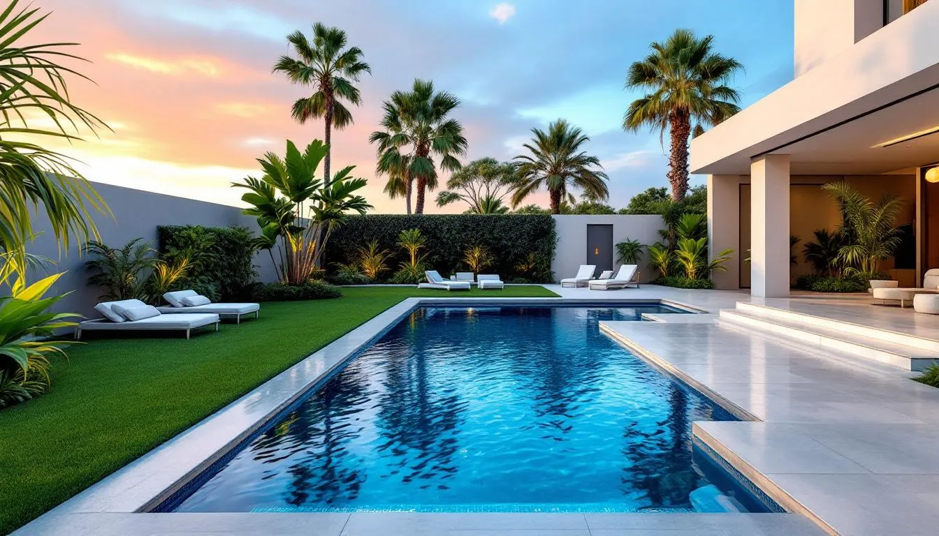Benefits of fiberglass swimming pools highlighted with a beautiful pool scene.