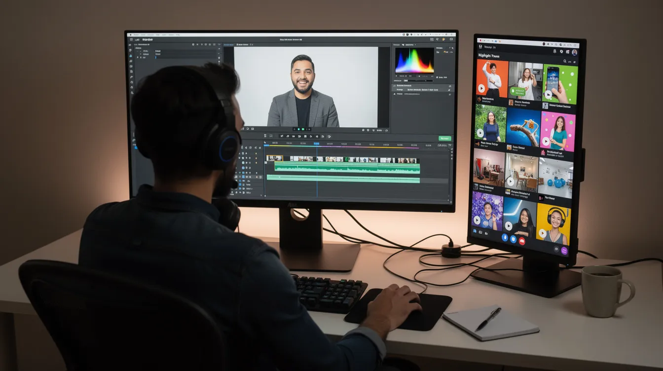 A professional is focused on reviewing video content on a large monitor, while a second screen displays social media clip previews, highlighting the importance of quality control in video editing and podcast post production. The setup emphasizes the use of technical knowledge and editing software to create cohesive stories for audiences across platforms like YouTube and Apple Podcasts. A professional is focused on reviewing video content on a large monitor, while a second screen displays social media clip previews, highlighting the importance of quality control in video editing and podcast post production. The setup emphasizes the use of technical knowledge and editing software to create cohesive stories for audiences across platforms like YouTube and Apple Podcasts.