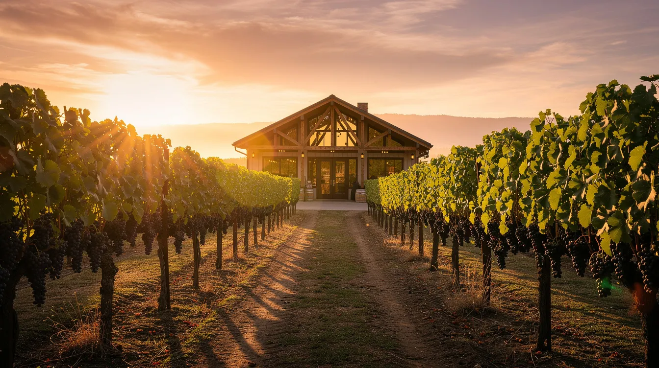 The image depicts a picturesque vineyard row at sunset, with warm light filtering through lush grapevine leaves and a pathway leading to a charming tasting room. This scenic setting evokes the perfect ambiance for enjoying summer wine pairings, featuring vibrant flavors and fresh fruits like peaches and watermelon.