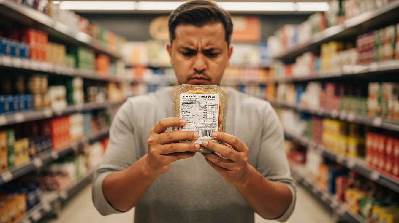 Une personne se penche sur une étiquette nutritionnelle dans un supermarché, cherchant à comprendre la quantité de sucre contenu dans un produit. Cette attention portée à la consommation de sucre est essentielle pour éviter les effets néfastes sur la santé, tels que la prise de poids ou le diabète de type 2.