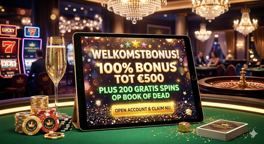 Voorbeeld van een casino welkomstbonus bij een online casino, met 100% bonus tot €500 en gratis spins, promotie voor nieuwe spelers.