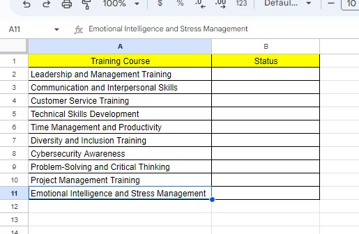 Follow the steps to create an employee training tracker in Google Sheets. No video tutorial is needed.