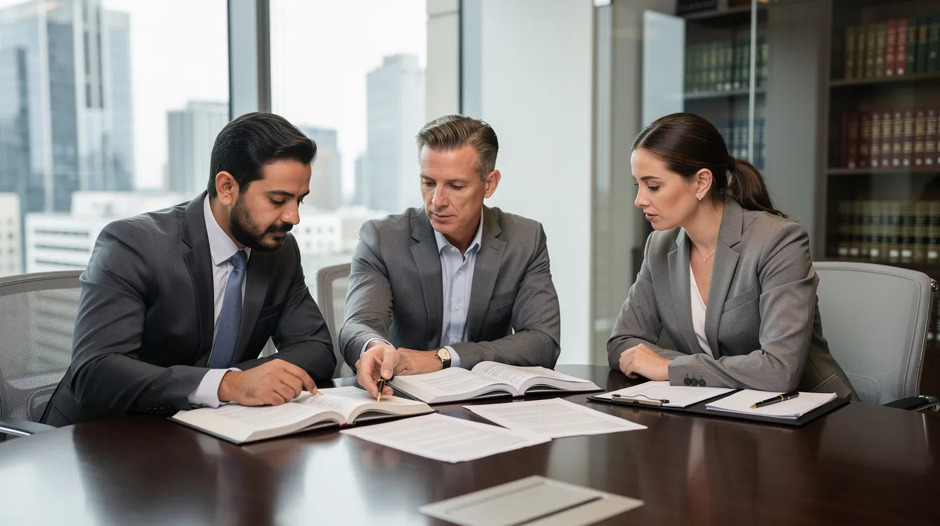 In a modern law office, professional attorneys are diligently reviewing case documents, showcasing a collaborative environment focused on delivering high-quality legal services. This scene reflects the strategic efforts of law firms in New York to enhance their practice areas and attract potential clients through effective law firm marketing and business development strategies.