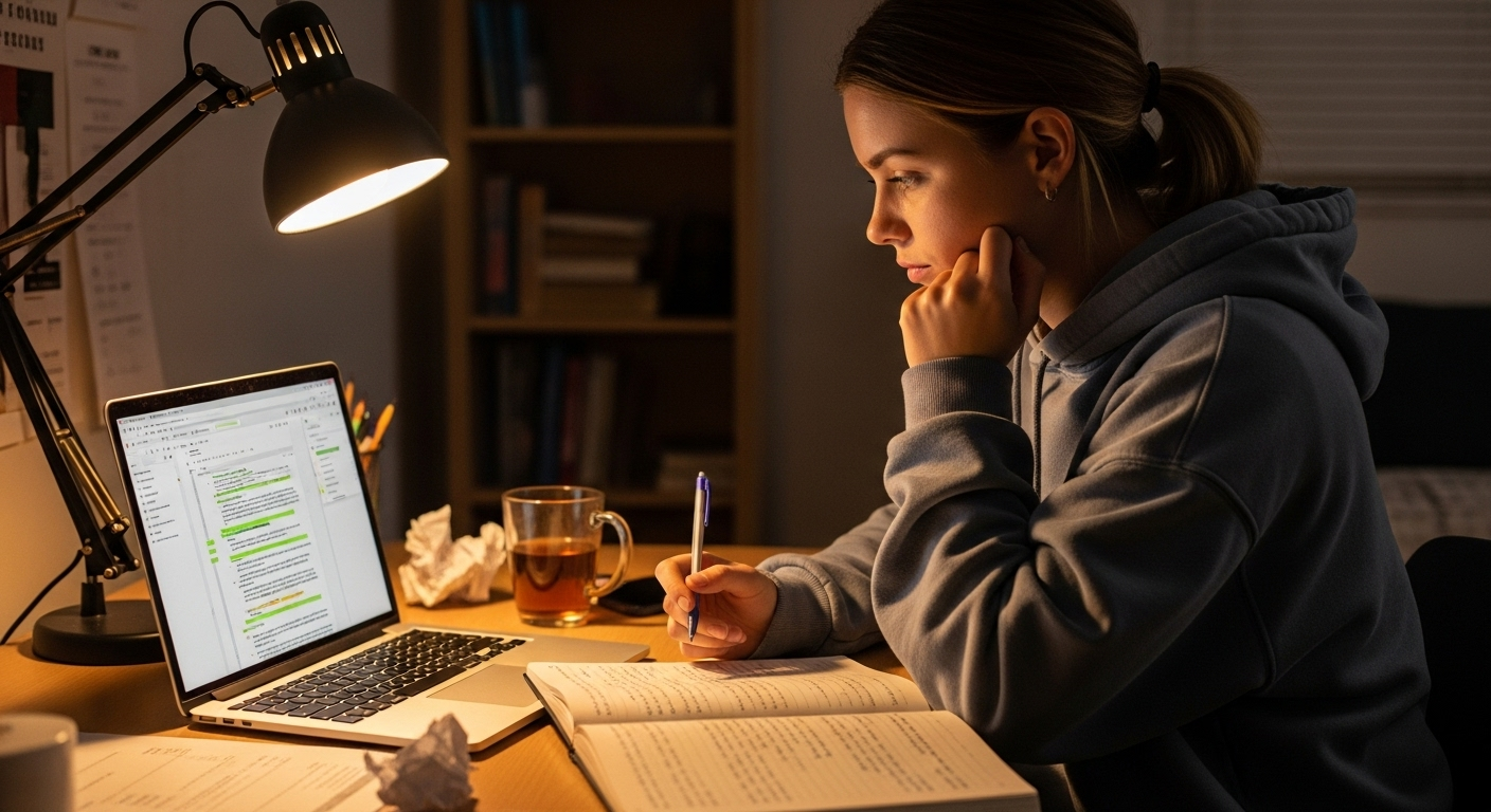 College student thoughtfully revising an essay after receiving detailed instructor comments