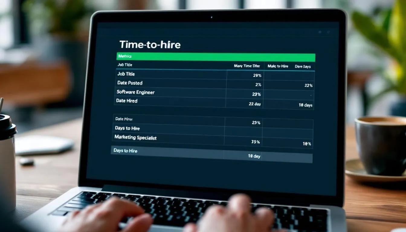 Die Abbildung zeigt einen Computerbildschirm mit verschiedenen Kennzahlen zum "Time-to-Hire" im Recruiting-Prozess, einschließlich Daten zu Bewerbungen, Kosten und der Dauer bis zur Besetzung von Stellen. Diese Kennzahlen sind entscheidend für Unternehmen, um die Effizienz und Geschwindigkeit ihrer Personalgewinnung zu analysieren.
