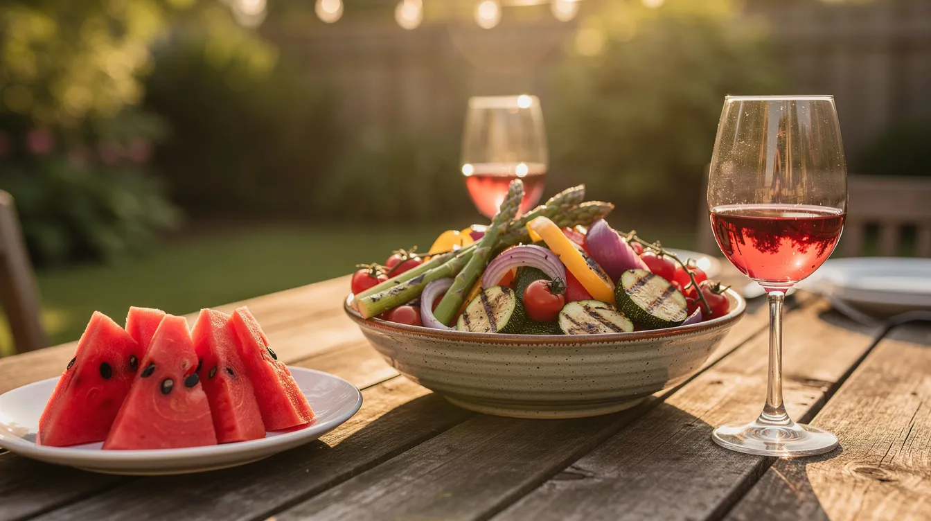 The image depicts a casual outdoor dinner scene featuring a bowl of grilled vegetables, refreshing watermelon slices, and a glass of chilled light red wine, elegantly arranged on a rustic wooden table. The vibrant flavors of the meal, complemented by the fruity notes of the wine, create an inviting atmosphere perfect for summer dining.